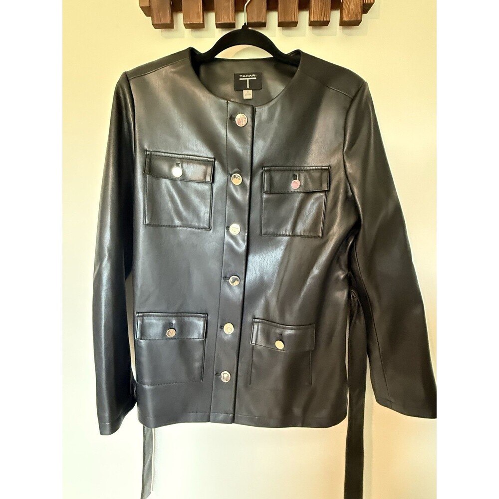 Elie Tahari Aliza Faux Leather Jacket Belted 4 Pocket Women's Size 10 - Picture 5 of 12